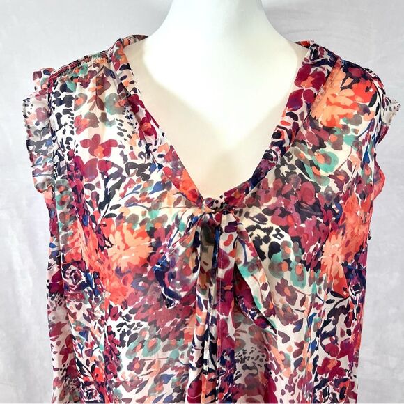 Colorful abstract floral print tie neck button down blouse top size 3X - Picture 2 of 6